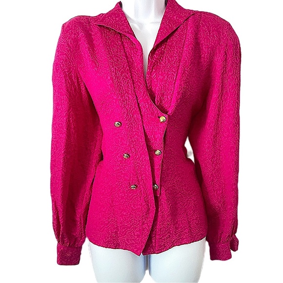 Vintage Tops - Vintage Silk Pink Button-Up Statement Shoulder Barbiecore Long Sleeve Blouse 10